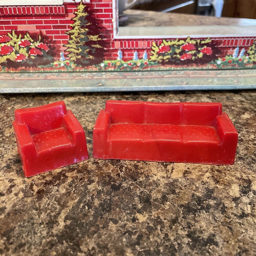 Vintage Red Plastic Dollhouse Furniture Blue sofa Couch and arm Chair Hong Kong - Picture 1 of 5